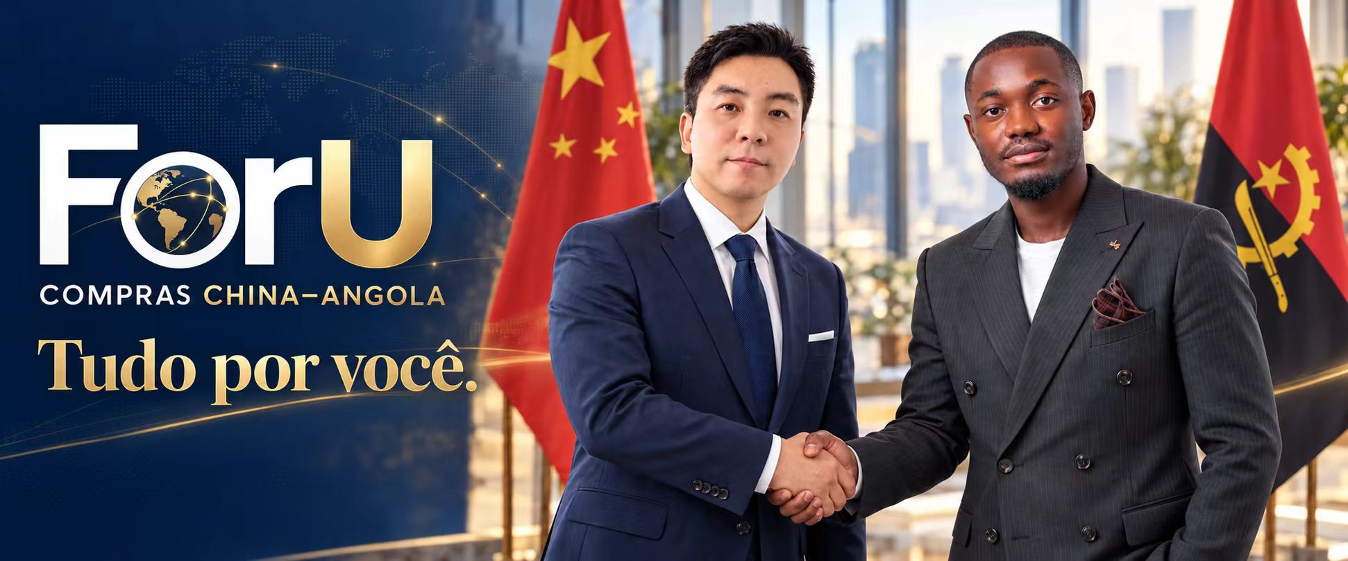 ForU Compras China–Angola com parceiros, bandeiras da China e Angola